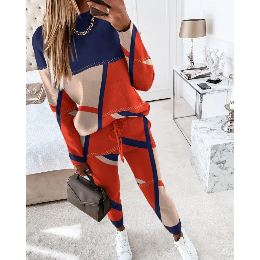 Women Casual Two Piece Sets Fashion Geometric Print O-Neck Long Sleeve Tops and Drawstring Pencil Pants Sets Office Lady Outfits Badiee Stylez