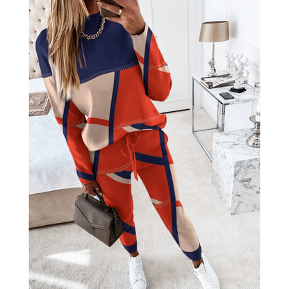 Women Casual Two Piece Sets Fashion Geometric Print O-Neck Long Sleeve Tops and Drawstring Pencil Pants Sets Office Lady Outfits Badiee Stylez