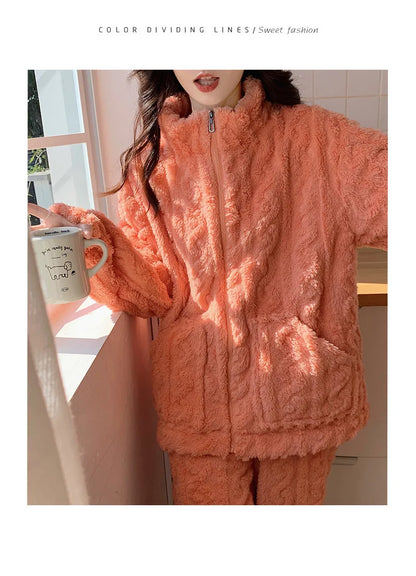 Large Size Flannel Pajamas Set Autumn Winter Female Sleepwear Trouser Suit Thicken Coral Fleece High Collar Lounge Wear Homewear