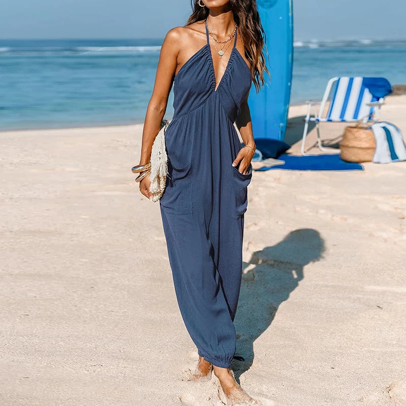 Sexy Deep V-neck Pleated Women Jumpsuit 2025 Spring Fashion Solid Pocket Romper Playsuit Summer Hollow Backless Lace-up Overalls Navy Blue