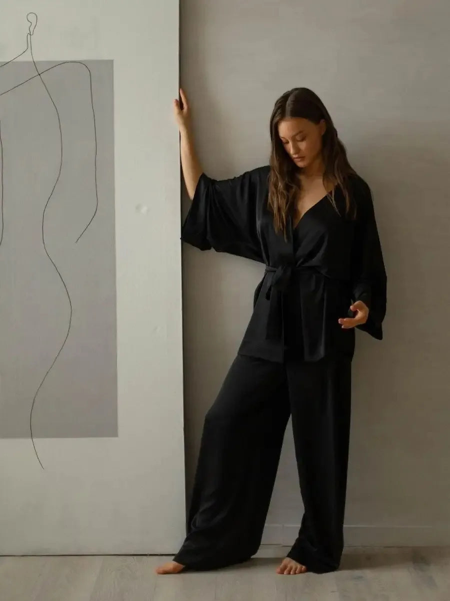 Mozuleva Solid Color Long Sleeved Pants Pajama 2-Piece Set Women's Autumn Winter Lace Up Nightgown Comfortable Home Clothing