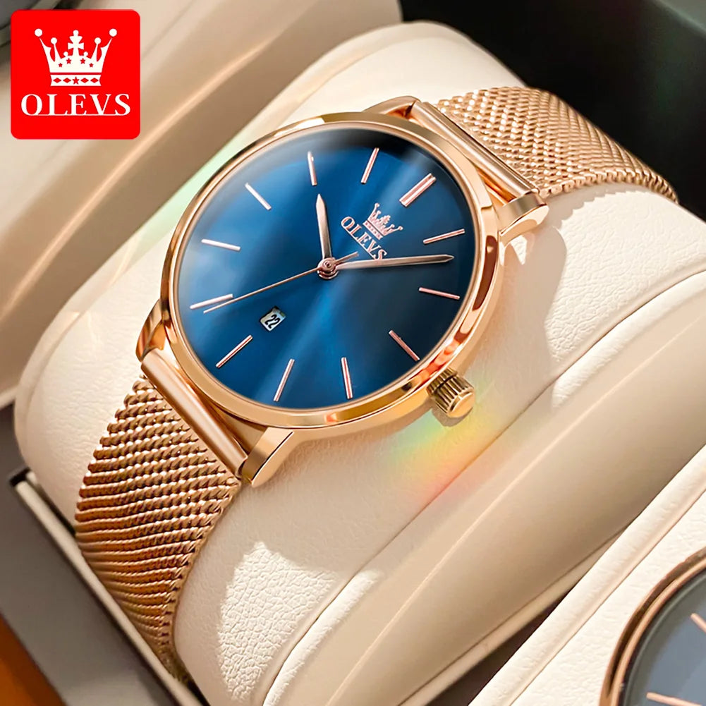 OLEVS Watch For Women Japan Quartz Movement 6.5mm Case Thickness Waterproof Ladies Hand Clock Calendar Fashion Dress Wrist Watch GD Rose Blue CHINA