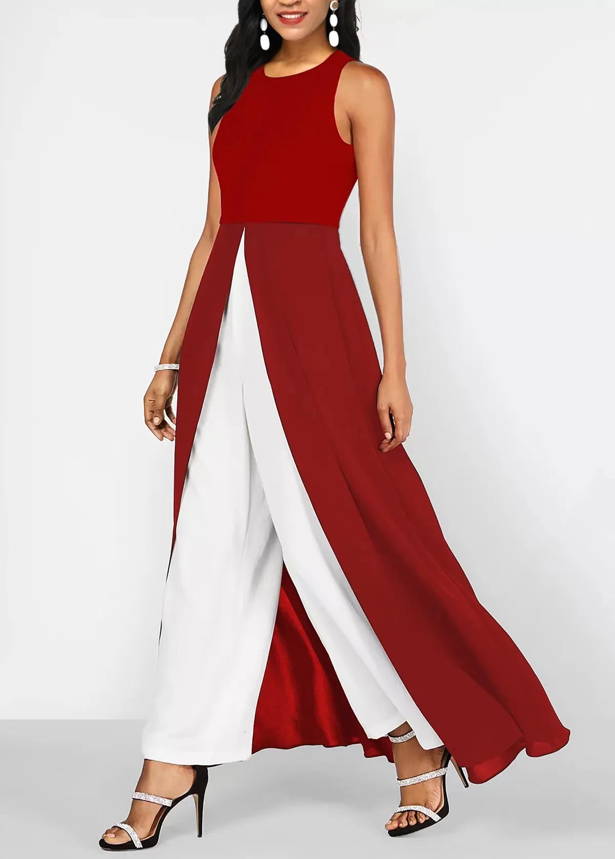 Women Summer Jumpsuit Milk Silk Patchwork Splicing Chiffon Slim Round Neck Sleeveless Jumpsuit Woman Vestidos YML00372 Badiee Stylez