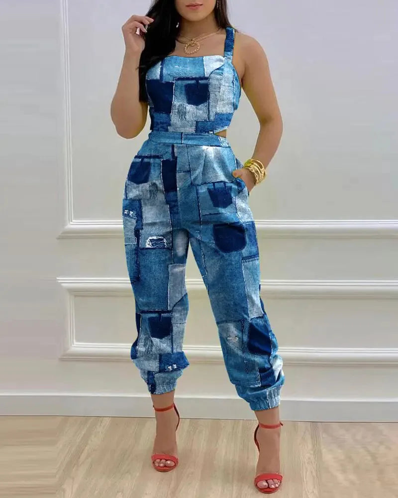 New Summer Fashion Printed Sleeveless Jumpsuit Sexy Hollow Backless Lace Up Long Jumpsuits Elegant Casual Jumpsuit With Pocket Badiee Stylez