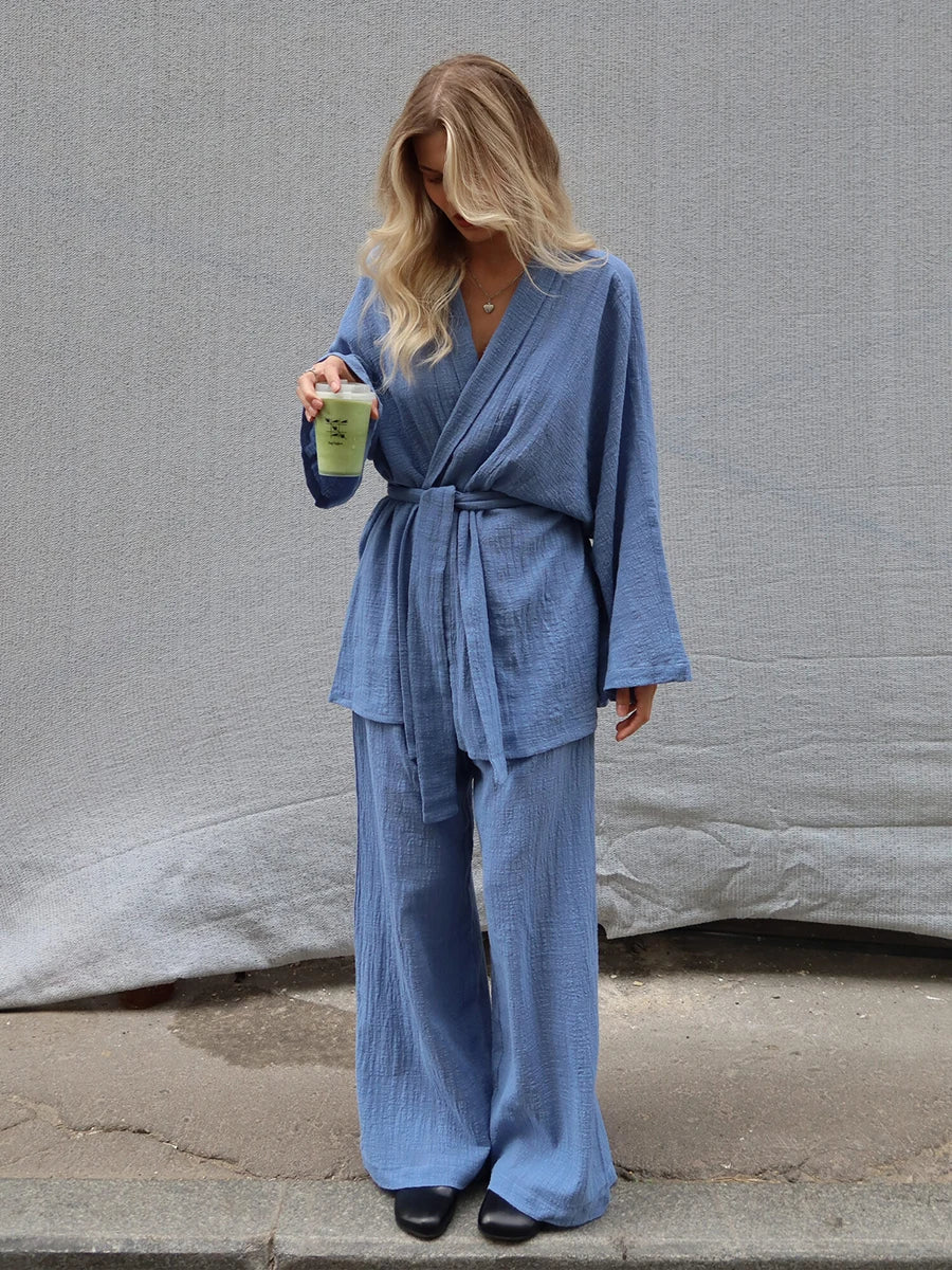 Mozuleva 2025 Autumn New 100% Cotton Women's Blue Lace Up Long Sleeve Pajama Set Loose Pants 2 Piece Leisure Homewear