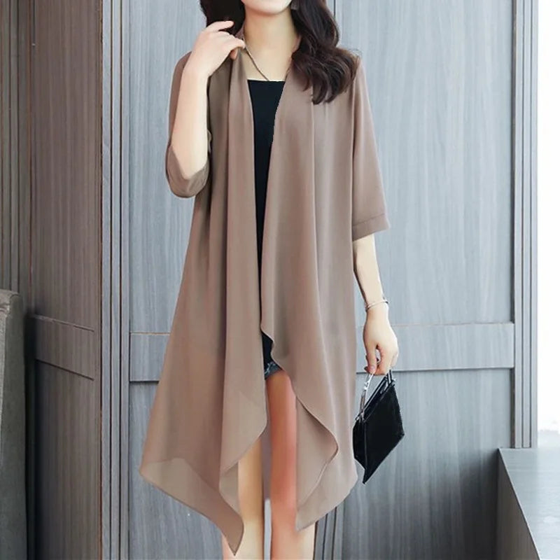 Summer Sun Protection Clothing Women Chiffon Cardigan Half Sleeve Blouse Shirts Ladies Shawl Female Tops Women Loose Thin Coats khaki