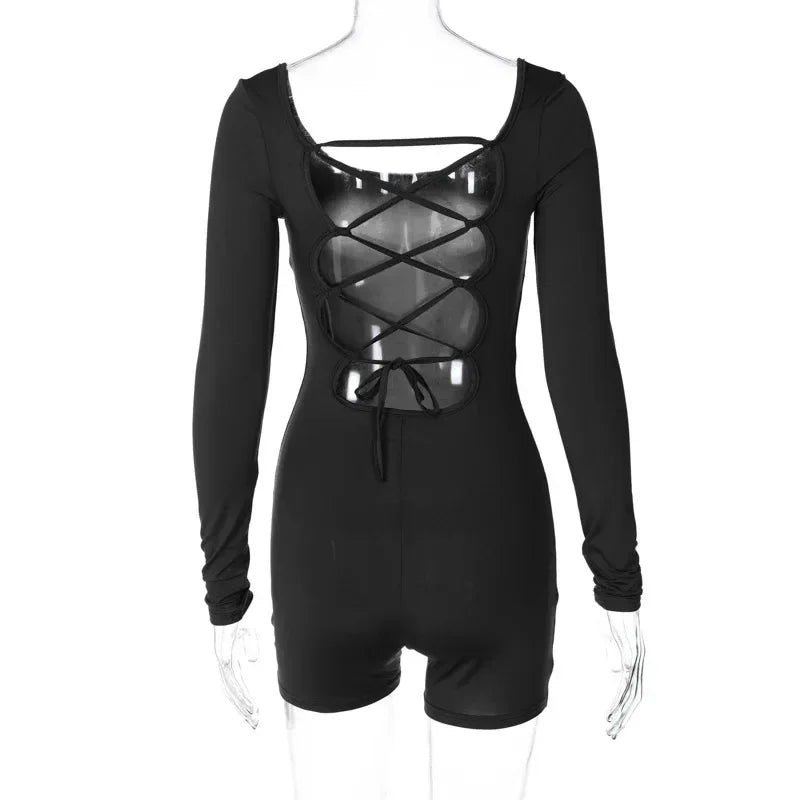 New Women's Rompers Long Sleeved Backless Solid Color Sexy Lace Up Tight Party Jumpsuit for Women