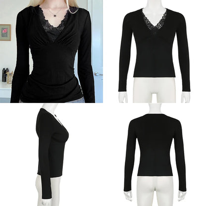 Cuteandpsycho Lace Patchwork Solid Slim Tee Shirts Long Sleeves V-neck Aesthetic Fashion Clothes Vintage Streetwear Black Tops