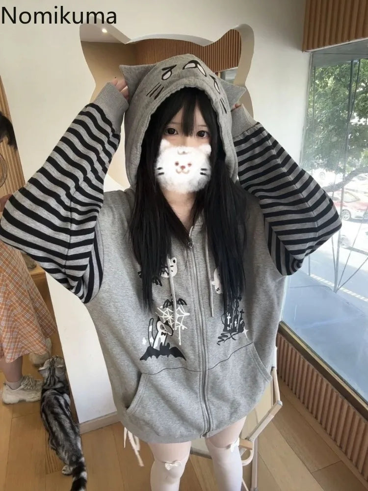 Cat Ear Hooded Sweatshirts Jackets Women Clothing Y2k Tops Patchwork Striped Anime Hoodie Ropa Mujer Casual Fashion Hoodies Coat