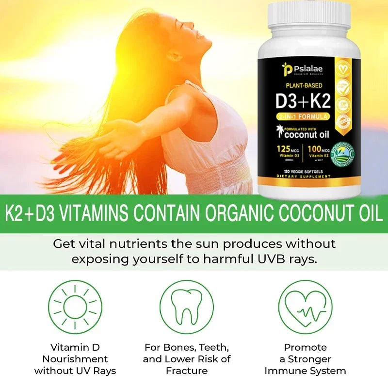 Vitamin D3+K2 Supplement 5000IU Vitamin D3 and K2 (MK-7) Capsules for Bone, Heart, Muscle, Immune Support