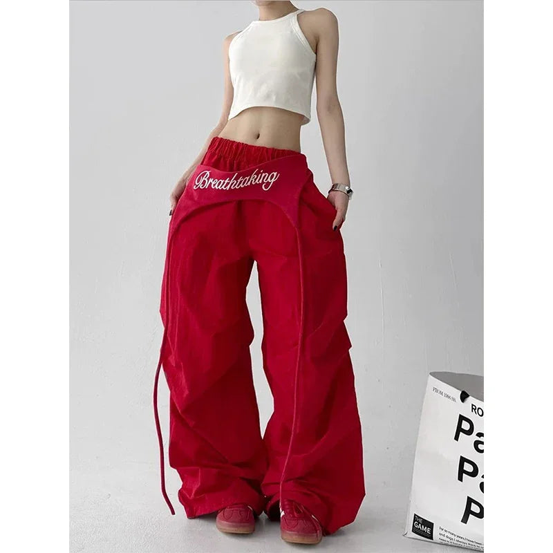 Korean Y2K Cargo Pants Women Streetwear Letter Print Baggy Sweatpants Gyaru Harajuku Wide Leg Joggers Summer Casual Trousers Badiee Stylez