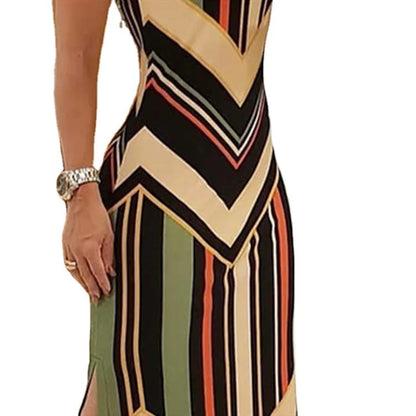 Colorful Striped Print Side Slit Maxi Dress Women Colorblock Sleeveless Slim Long Dresses Summer Streetwear Vestidos Para Mujer