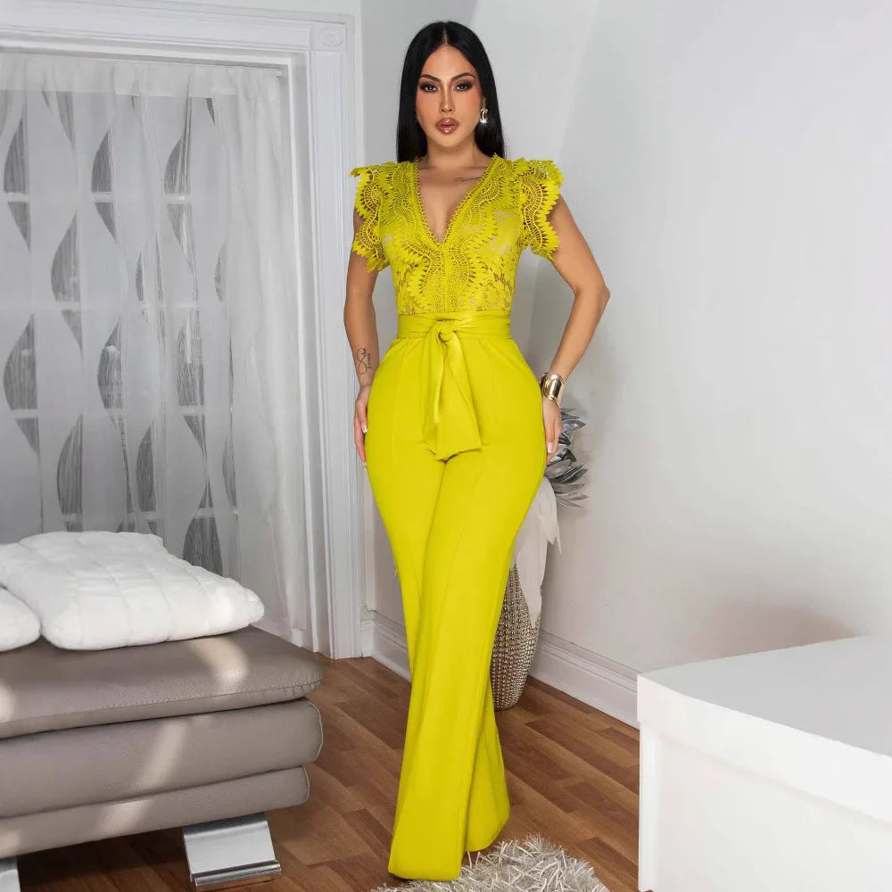 Women Lace See Though Patchwork Short Sleeve V-neck Jumpsuits Summer Vacation One Piece Set Streetwear Fitness Jumpsuit Badiee Stylez