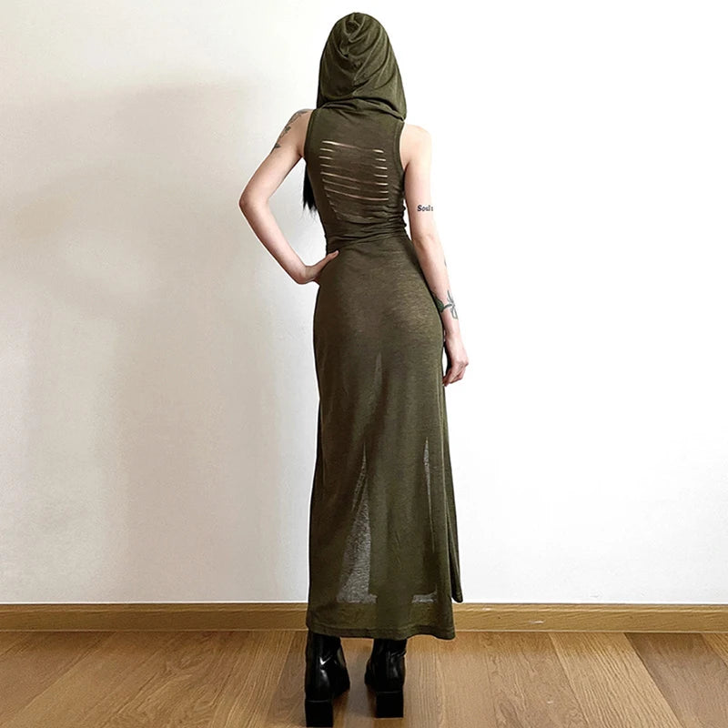 Xingqing Grunge Dress y2k Women Clothes Solid Color Sleeveless Hollow Out Back Slit Hooded Dress 2000s Halloween Party Dresses