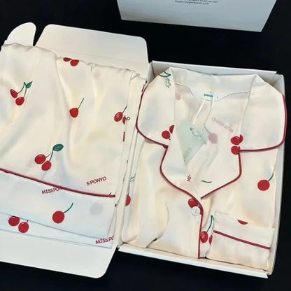 Women's Gray Ink Painting Ice Silk Pajamas Ladies Spring and Autumn Thin Long-Sleeved High-End Sleepwear Loungewear Cherry Print