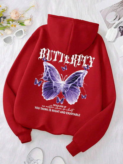 Beautiful Purple Butterfly Printing Hoodies Women Fleece Pocket Hoody Simple Casual Hoodie Autumn Loose Female Streetwear