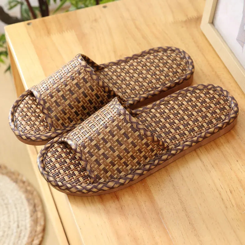 Bamboo Rattan Grass Summer Home Couple Wholesale Street Stall Indoor Thickened Soft Bottom Wooden Floor Home Linen Slippers Xinchui