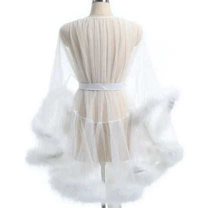 Sexy Feather Robe Large Size Seductive Mesh Perspective Sex Fur Bathrobe Passionate Waist Tightening Robe Dressing Gown Bridal