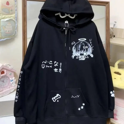 Punk Harajuku American Vintage Cute Print Hoodies Japanese Fashion Loose Y2k Aesthetic Sweatshirts Autumn All Match Clothes New Style 4 black