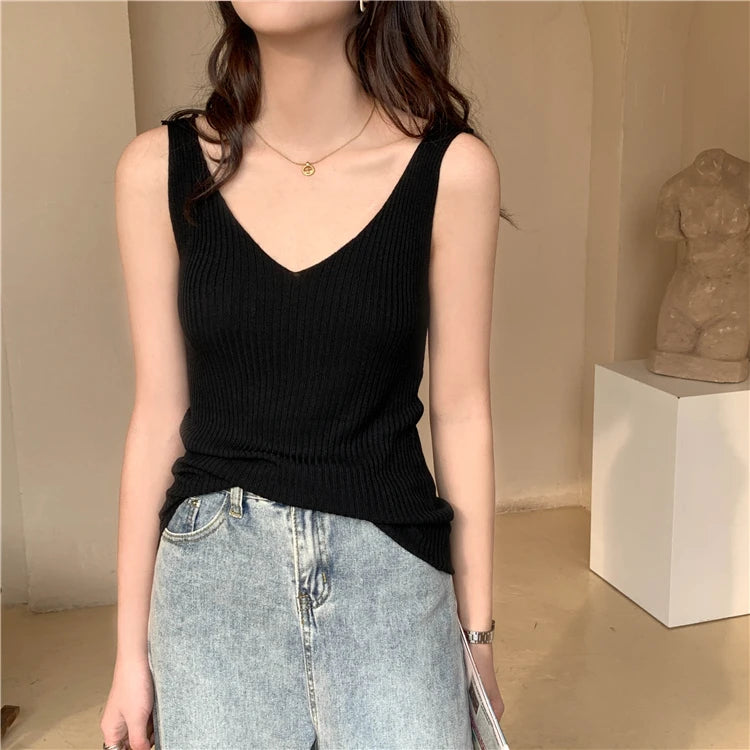 Solid Color Basic Women's Vest Tank Top Solid Color Knitted Tees Top Cropped Top Camisole Sweater V-neck Summer Sleeveless