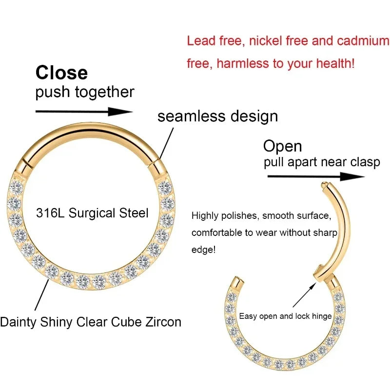 Surgical Steel Nose Rings Hinged Segment Ear Cartilage Tragus Earrings Helix Hoops CZ Septum Clicker Piercing Body Jewelry