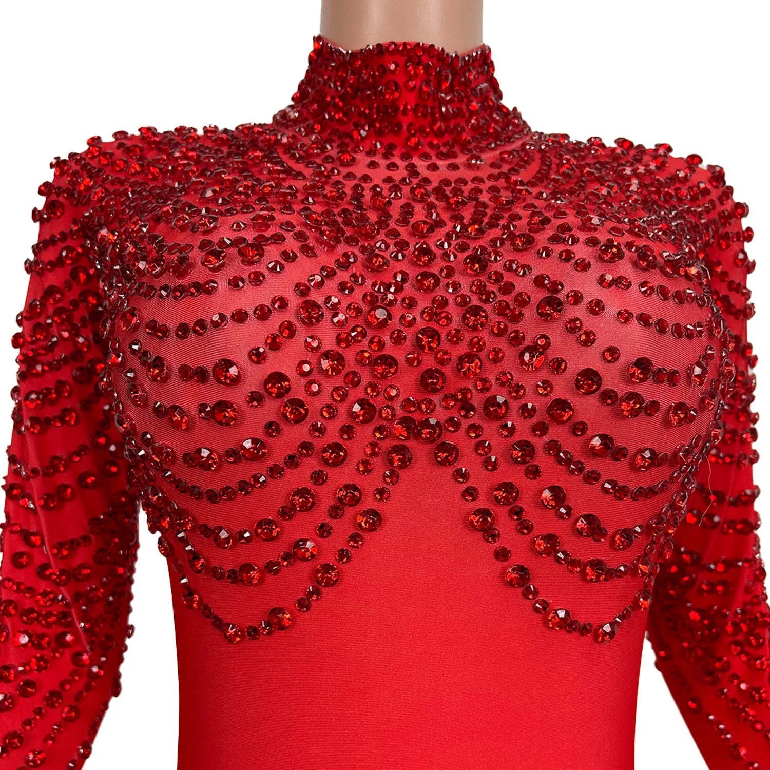 High Elasticity Large Sized Women Jumpsuit Shiny Red Shawl Rhinestone Tight Pants with Glove Acrobatic Pole Dance Costume pijian Badiee Stylez