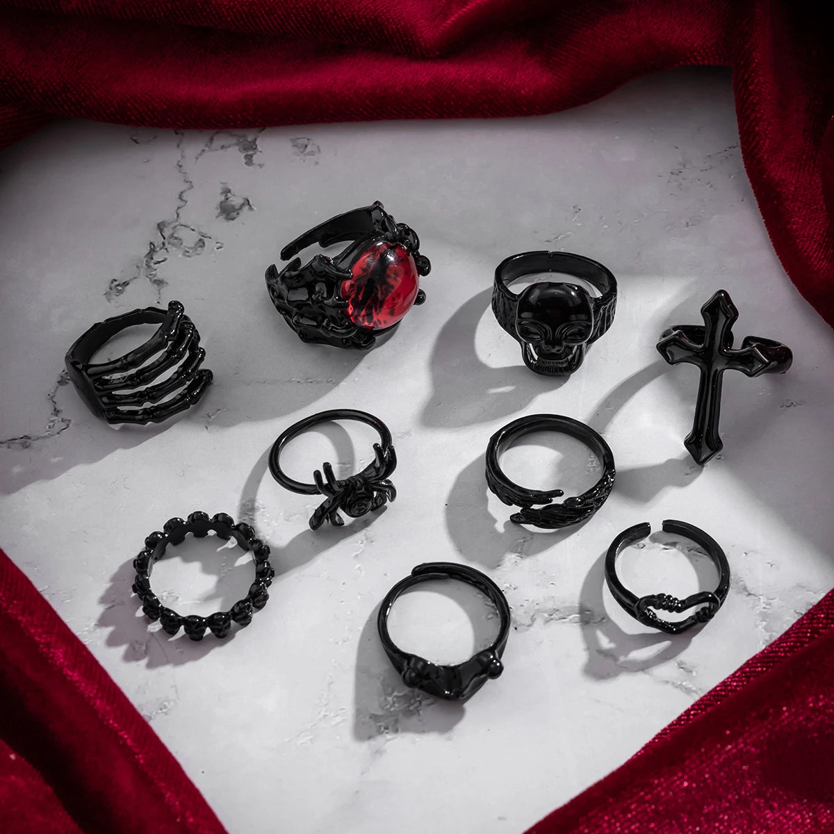 9Pcs/Set Goth Black Devil Eye Skull Spider Palm Rings for Women Vintage Cross Jesus Love Heart Rings Halloween Jewelry Gift New