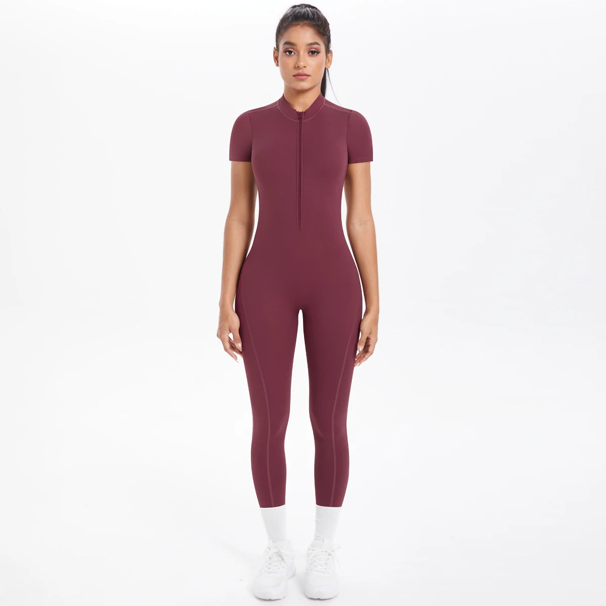 Short Sleeved Fitness Jumpsuit for Woman Bodysuits Backless Solid Color Scrunch One-Piece Suit Half Zipper Gym Yoga Sets Womens