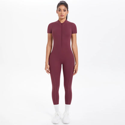 Short Sleeved Fitness Jumpsuit for Woman Bodysuits Backless Solid Color Scrunch One-Piece Suit Half Zipper Gym Yoga Sets Womens