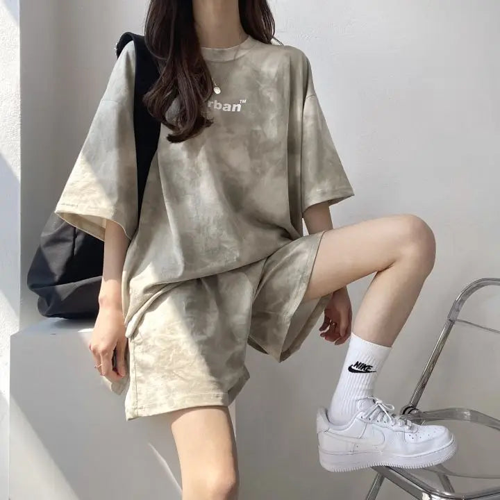 Women Summer 2024 New Fashion Cool Tie Dye Two-Piece Set Leisure And Comfortable Loose Elastic Waist Shorts Set