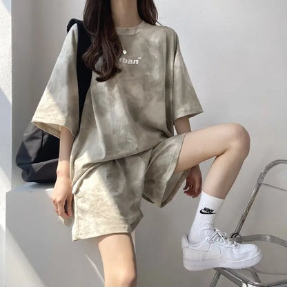 Women Summer 2024 New Fashion Cool Tie Dye Two-Piece Set Leisure And Comfortable Loose Elastic Waist Shorts Set