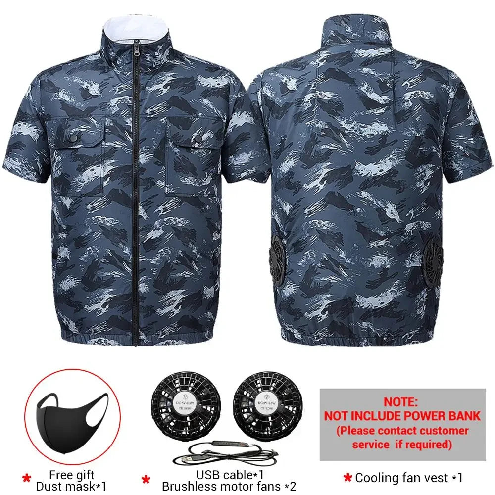 Summer air conditioning clothes men's short sleeve work clothes charging refrigeration anti-heat cooling fan sunscreen clothes 3505-blue