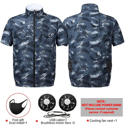 Summer air conditioning clothes men's short sleeve work clothes charging refrigeration anti-heat cooling fan sunscreen clothes 3505-blue