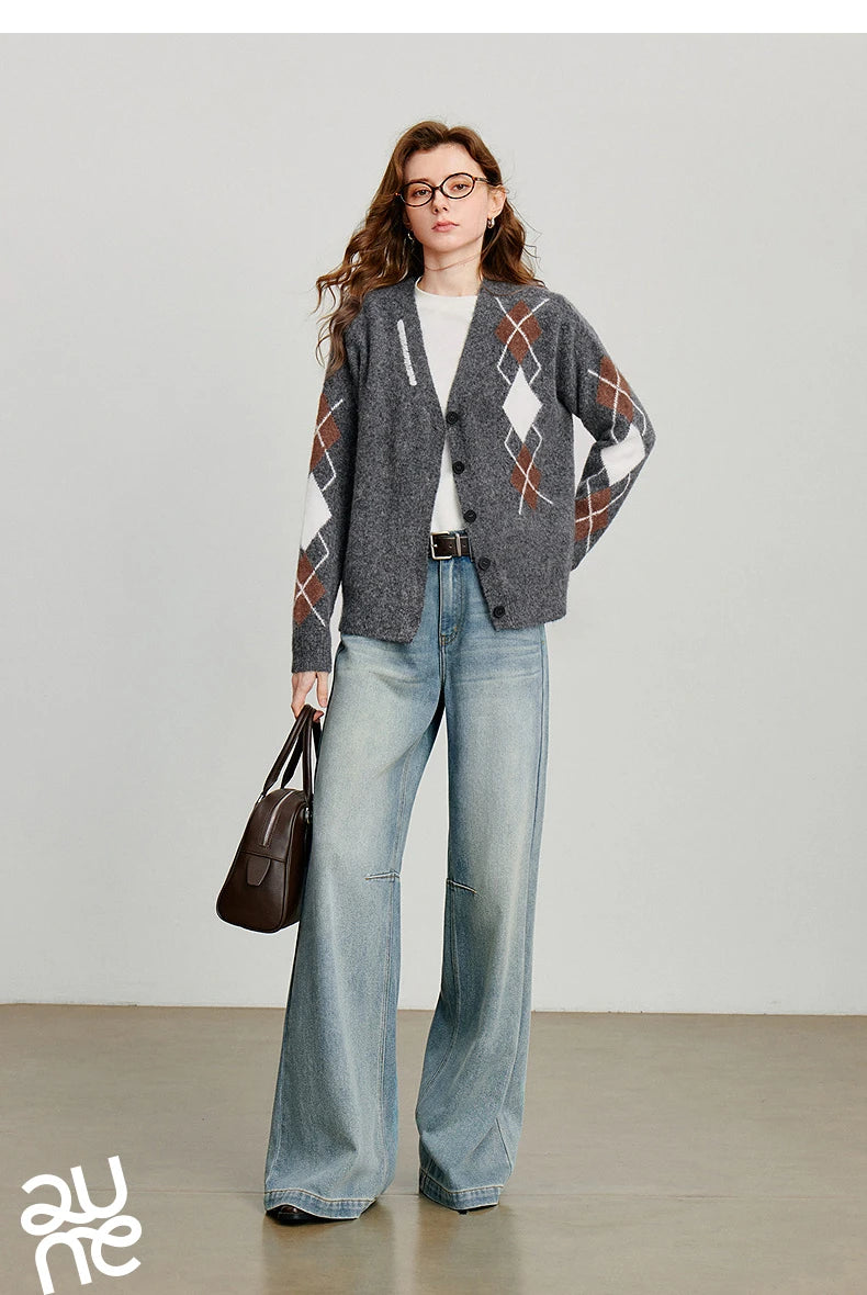 TOYOUTH Women Knitted Sweater 2025 Autumn New Grid Pattern V Neck Single Breasted Button Knitted Cardigan Coat Gray