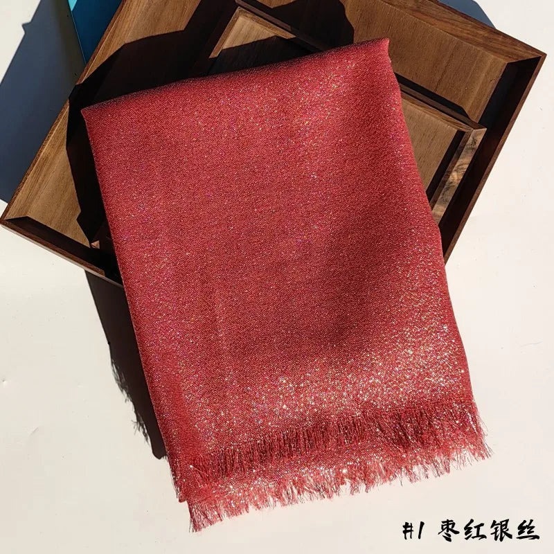 Lastest Brand Design Scarf Shiny Solid Color Shawls Rayon Fabric Gold Silk Silver Wire Head Shawl Fringe Hijab For Women 1