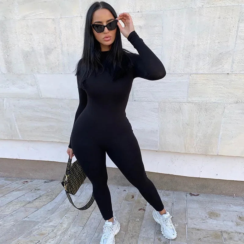solid black/gray long sleeve skiing jumpsuit women elastic hight outfit fashion fitness sportwear slim rompers streetwear Badiee Stylez