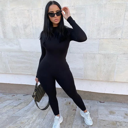 solid black/gray long sleeve skiing jumpsuit women elastic hight outfit fashion fitness sportwear slim rompers streetwear Badiee Stylez