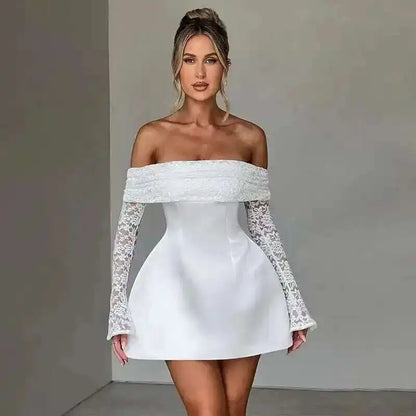 Townlike Lace Patchwork Waist Wrap A-line Dress Women Mini 2024 Autumn Winter Dress Backless Nightclub Sexy Party Dresses H24DS289white