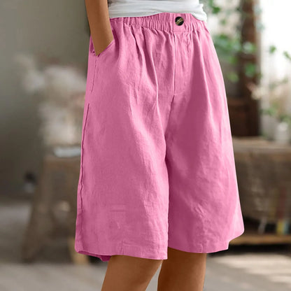 Female Fashion Solid Color Elastic High Waist Pocket Button Up Loose Cotton Linen Five Length Shorts Summer Soft Comfort Pants