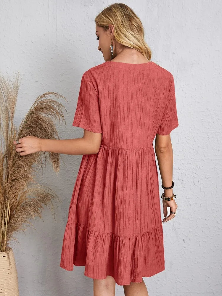 Women Elegant Short Sleeve V Neck Ruffles Dress Summer Casual Solid Loose Mini Dress Chic Bohemian Sundress Beach Party Vestidos Badiee Stylez