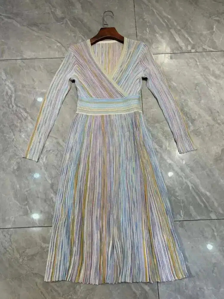 QMQA Fashion Women's Gradient Stripes Design Dresses V Neck High Waist Long Sleeve Elegant Party Dress Female Spring New 1A116 Badiee Stylez