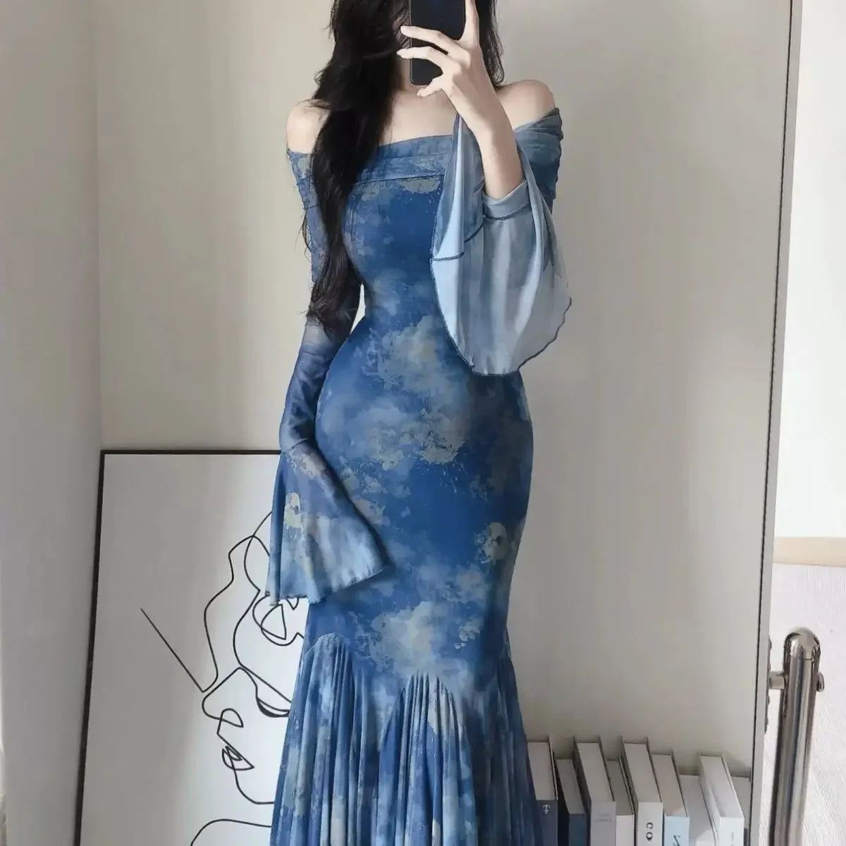 Large Size Fat Mm Charming Temperament Pure Sexy Hot Girl with One Shoulder Waist Slim Hips and Fish Tail Long Dresses