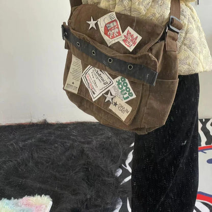 Y2k Vintage Canvas Messenger Bag Casual Preppy Crossbody Punk Patchwork Star Patch Shoulder American Fashion Retro Women Handbag