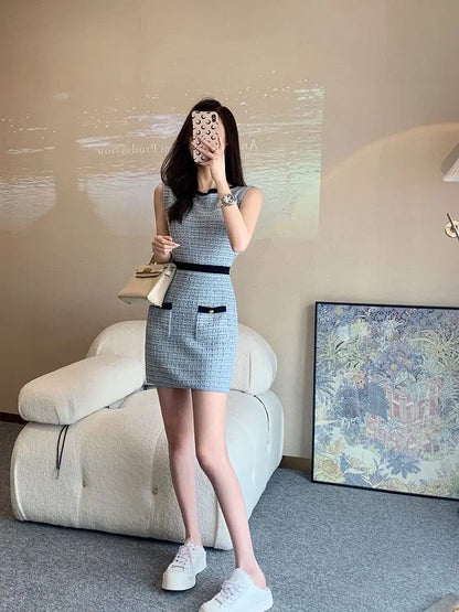 Korejpaa Korean Fashion Tank Dresses Women Simple Contrast Color Sleeveless Knitted Bodycon Dress Casual Slimming Vestidos