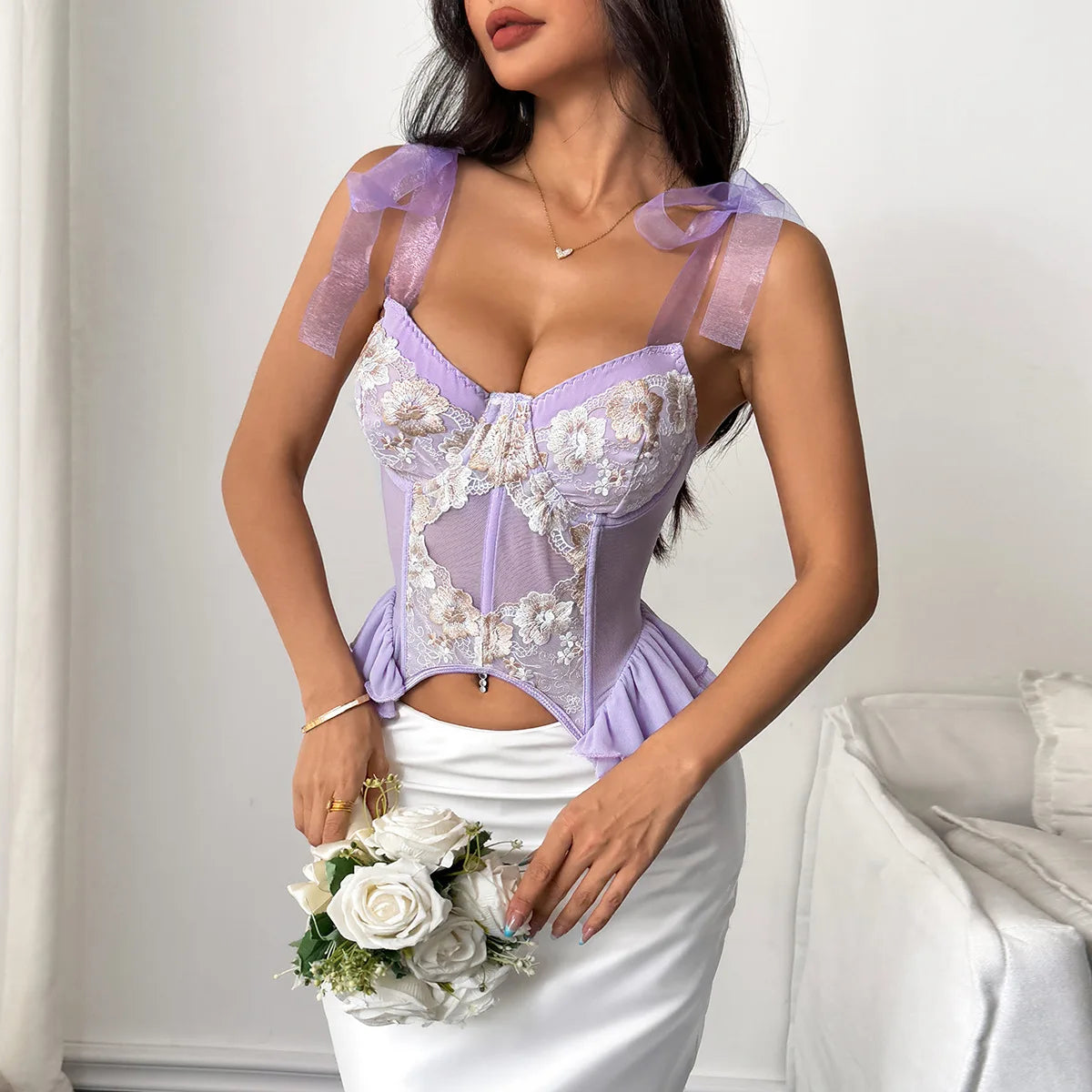 Best Selling Floral Embroidery Steel Ring Mesh Strap Vest Top Women's Outerwear Casual Breathable Summer Tank Tops