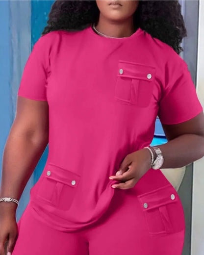 Women Two Piece Shorts Sets Solid Round Neck T Shirts Pockets Elastic Waist Short Trousers Suits Leisure Ladies 2025 Summer