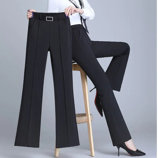 Office Lady Elegant Fashion Flare Pants Spring Autumn Diamonds High Waist All-match Solid Women Casual Straight Trousers 2022 Badiee Stylez