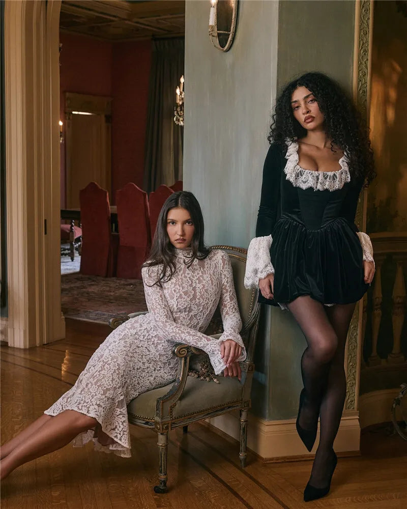 Mozision Lace Long Sleeve Sexy Midi Dress For Women Elegant White Half High Collar High Waist Bodycon Club Party Sexy Long Dress