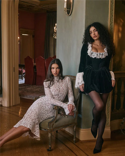 Mozision Lace Long Sleeve Sexy Midi Dress For Women Elegant White Half High Collar High Waist Bodycon Club Party Sexy Long Dress