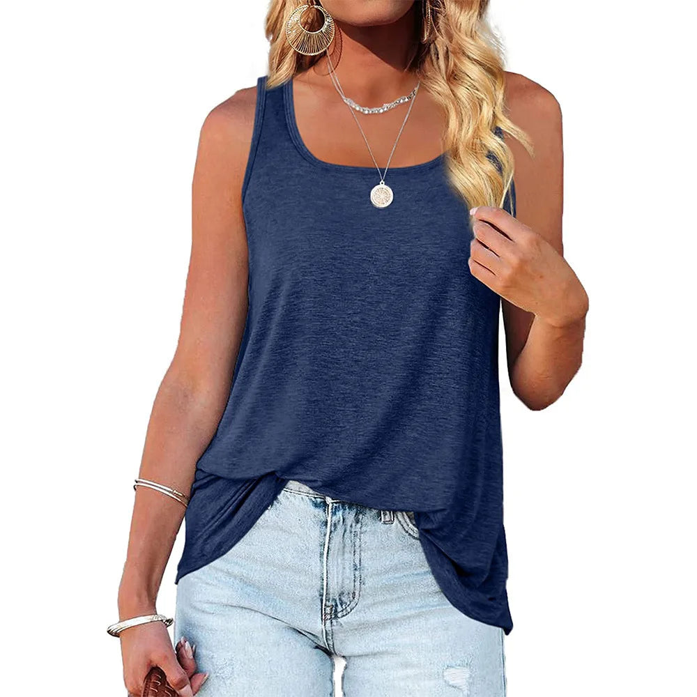 Womens Tank Tops U Neck Dolphin Hem Casual Flowy Summer Sleeveless Tunic Tshirts